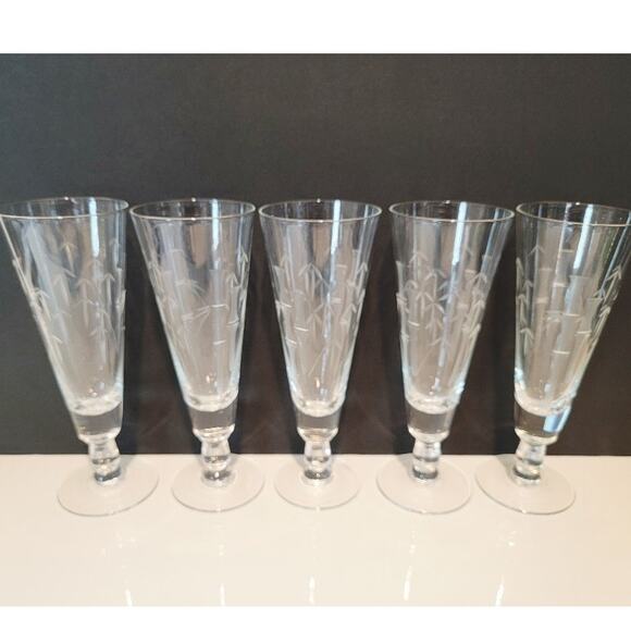 VTG Etched Bamboo Cut Crystal Glasses Set of 5 Tall‎ Pilsners Retro MCM Barware - Picture 2 of 12